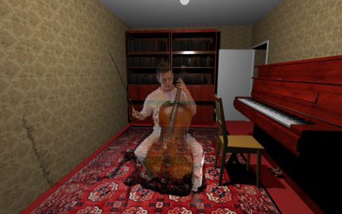 Demo scene of 1991, showing a contrabass player in an office room