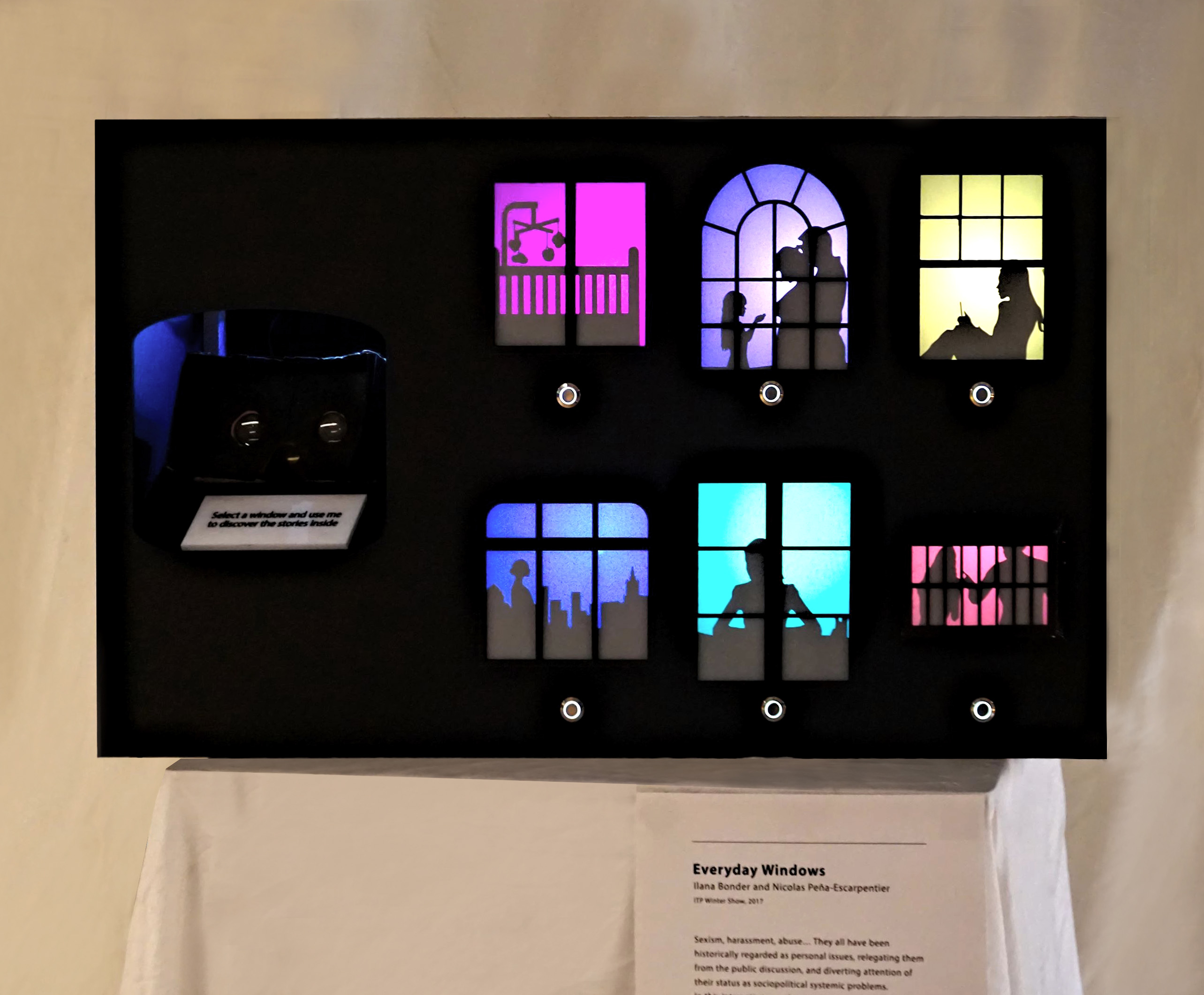 Everyday Windows physical controller, a dollhouse with six windows and a button for each one
