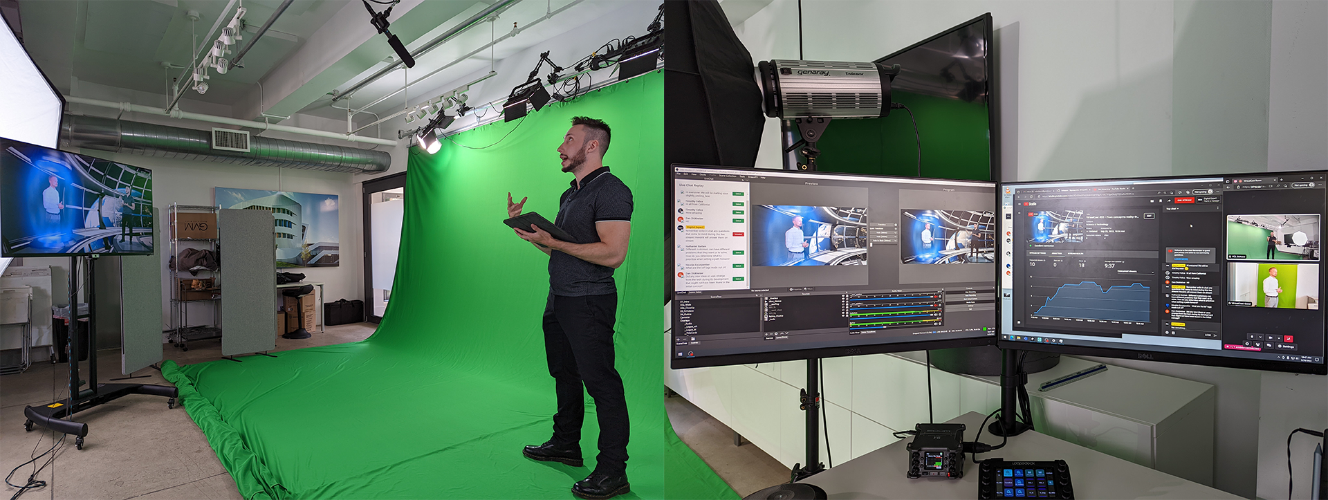 On the left: a photo of the presenter on the greenscreen, talking to a TV that shows the final composite image. On the right: a photo of two computer monitors, each with different settings and parts of the livestream.